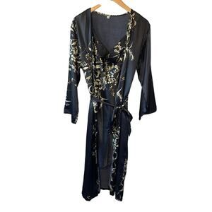 Whimsy Goth Boho Black Silky Floral Long Sleeve Bath Robe & Slip Mini Dress Sm